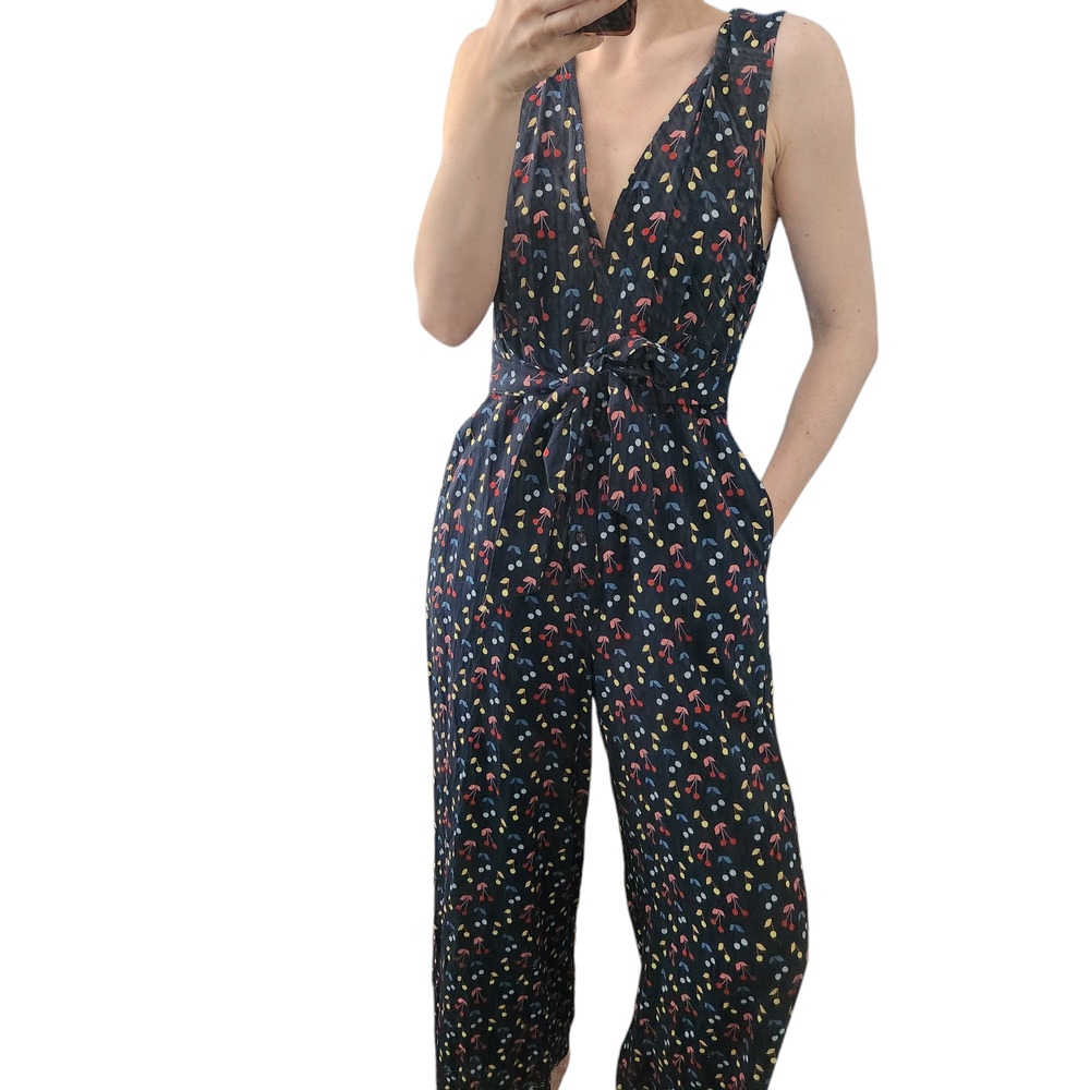 Women's Navy Floral Sleeveless Jumpsuit with Tie Waist